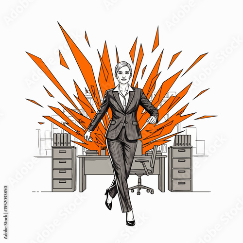 Businesswoman escaping office explosion, symbolizing burnout, stress, or career change