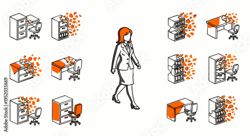 Businesswoman surrounded by office furniture icons, symbolizing organization, productivity, and workspace design