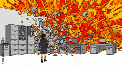 Woman in office overwhelmed by exploding documents and chaos, symbolizing stress and burnout