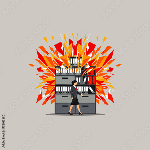 Woman overwhelmed by exploding filing cabinet, symbolizing stress and information overload in the workplace