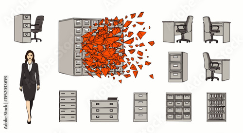 Businesswoman walking away from exploding filing cabinet, symbolizing data loss, information overload, or office chaos.