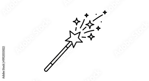 Magic Wand with Star Emitting Sparkling Effect Outline Icon, Isolated White Background