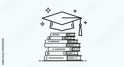 Graduation cap with a tassel and sparkling stars atop a tall stack of books, symbolizing successful completion of studies on an isolated white background.