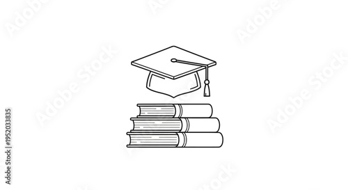 Graduation cap with a tassel placed on a stack of books, representing academic achievement and higher education on an isolated white background.