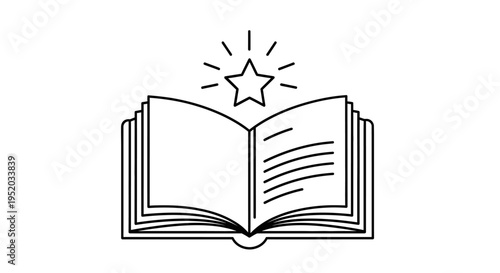 Open book with a shining star and light rays, symbolizing academic insight and discovery on an isolated white background.
