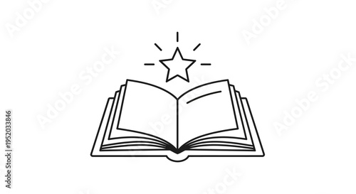 Open Book with Shining Star Outline Icon Symbolizing Knowledge and Inspiration, Isolated White Background