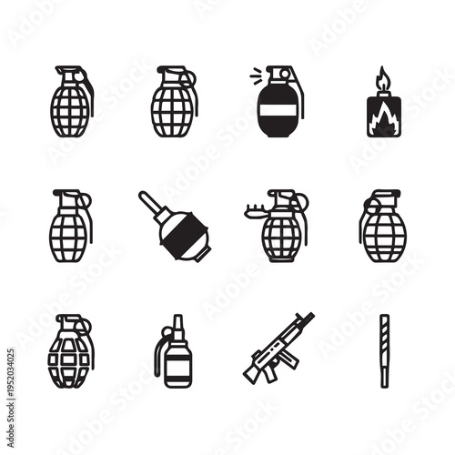 Explosive Grenade Icons and Military Weapon Symbols Vector Set