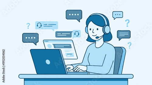 Customer support agent working on laptop with headset and speech bubbles around