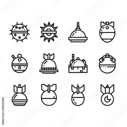 Explosive Ordnance Icons SetVarious Bomb and Mine Designs in Outline Style
