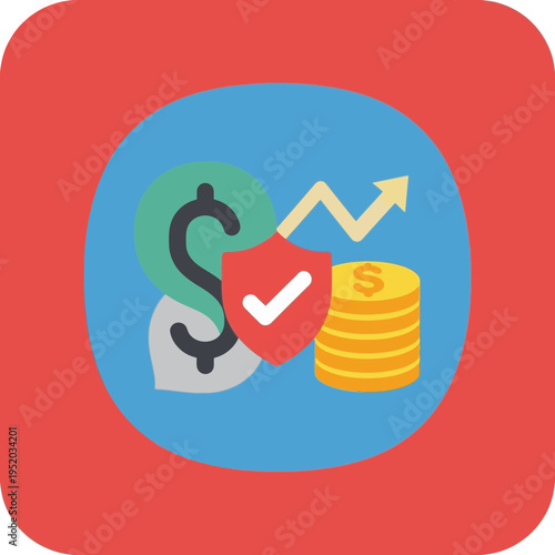 Financial security icon with dollar signs, shield, and growth arrow.