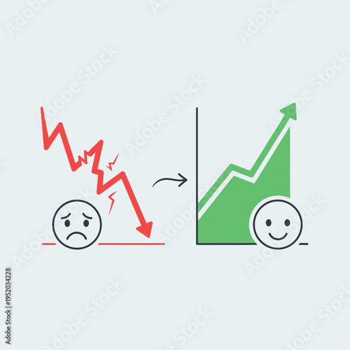 Transition from a declining to a rising graph with emotive faces.