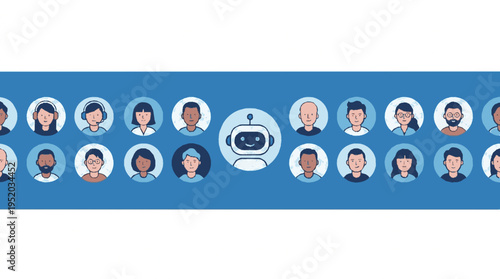 Diverse hybrid team with robot collaboration people icons and ai teamwork concept