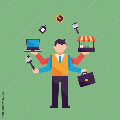 Person with multiple arms holding various work-related items and tools.