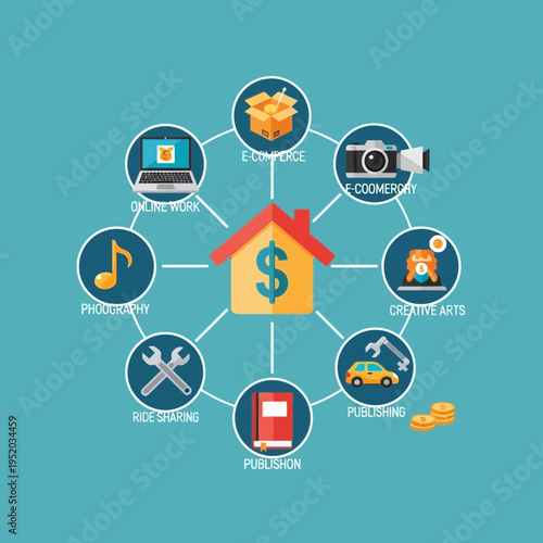 Illustration of various online business and creative arts connected to a house with a dollar