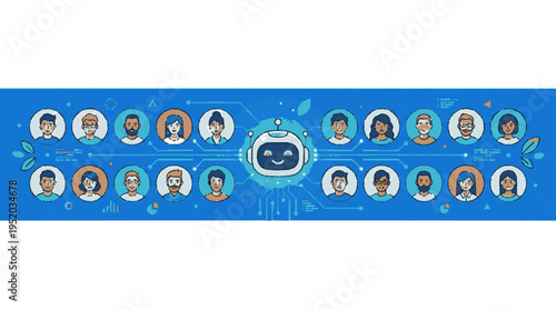 Diverse hybrid team collaborating with ai assistant vector illustration for business and technology concepts