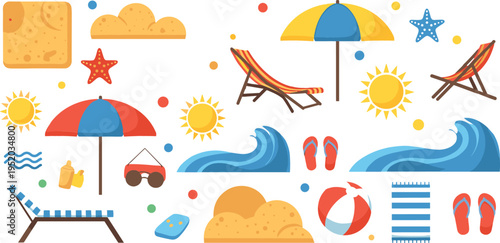 Beach vacation elements vector illustration set with umbrella, waves, sun, sand, flip flops and deck chairs, summer holiday collection design