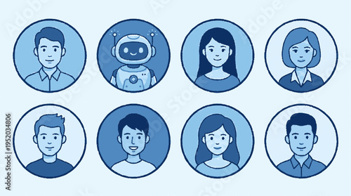 Flat vector illustration of diverse team members and robot in circular portraits for business presentation