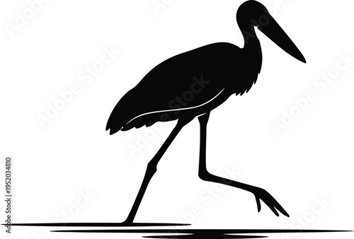 Silhouette elegant stork bird standing in shallow water swamp vector design