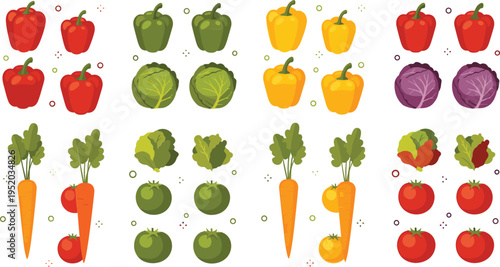Colorful vegetables vector illustration set with peppers, cabbage, carrots and tomatoes, fresh organic farm produce collection for healthy food design