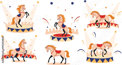 Circus horse performance vector illustration set with trained horses on stage, show arena elements and festive entertainment collection design
