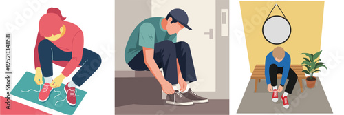 Flat minimalist vector illustration of a person tying shoelaces before going out, simple daily preparation activity