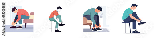 Flat minimalist vector illustration of a person tying shoelaces before going out, simple daily preparation activity