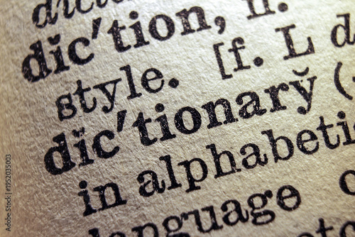 Tableau sur toile Word dictionary printed on dictionary page, macro close up