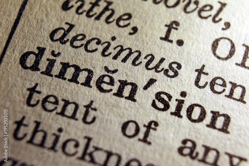 Принти на полотні Word dimension printed on dictionary page, macro close up