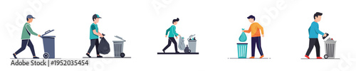 Flat minimalist vector illustration of a person taking out household trash, everyday responsibility activity, clean design, white background