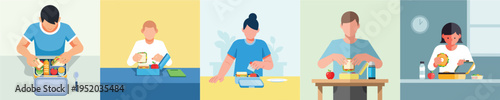 Minimalist flat vector illustration of a person packing lunch into a lunch box, daily routine activity, simple shapes
