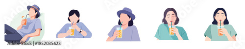 Minimal flat vector illustration of a person relaxing while drinking juice through a straw, casual lifestyle moment