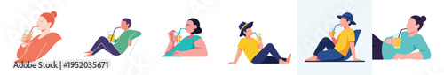 Minimal flat vector illustration of a person relaxing while drinking juice through a straw, casual lifestyle moment