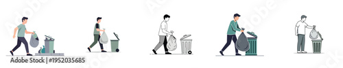 Flat minimalist vector illustration of a person taking out household trash, everyday responsibility activity, clean design, white background