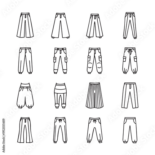 Fashion Pants Collection Icons Simple Line Art Style
