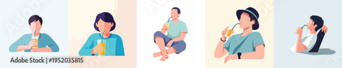Minimal flat vector illustration of a person relaxing while drinking juice through a straw, casual lifestyle moment
