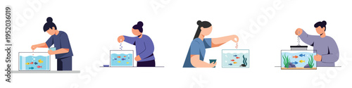 Minimalist flat vector illustration of a person feeding fish in a small aquarium, calm daily lifestyle moment, no outline