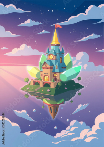 Majestic floating castle shaped like a glowing crystal blossom