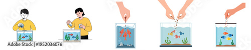 Minimalist flat vector illustration of a person feeding fish in a small aquarium, calm daily lifestyle moment, no outline