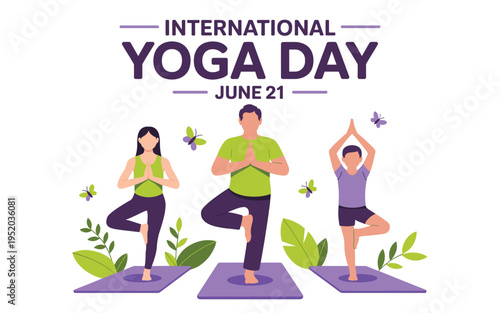 An illustration of three people practicing yoga on mats with a leafy background, celebrating International Yoga Day.