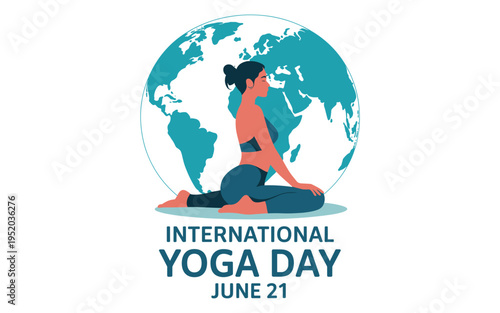 A yoga illustration celebrating International Yoga Day on June 21 with a woman in a meditative pose