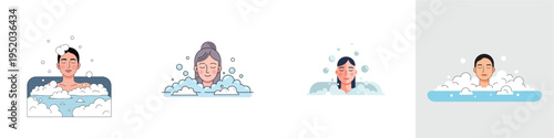 Minimalist flat vector illustration of a person taking a relaxing bath with bubbles, self-care lifestyle concept
