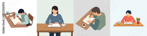 Flat minimalist vector illustration of a person writing in a personal journal at a desk, daily reflection activity, simple shapes