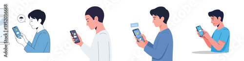 Minimal flat vector illustration of a person checking weather on a smartphone before heading outside, modern everyday lifestyle