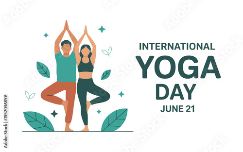 A vibrant illustration of a man and woman in yoga poses celebrating International Yoga Day