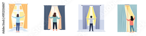Minimalist flat vector illustration of a person opening curtains and sunlight entering a room, morning routine scene, soft color