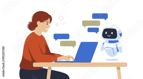 Casual woman in red sweater and blue pants using laptop at wooden desk with robot ai assistant nearby