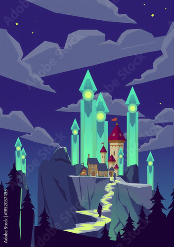 Luminous crystal village built inside glowing transparent towers