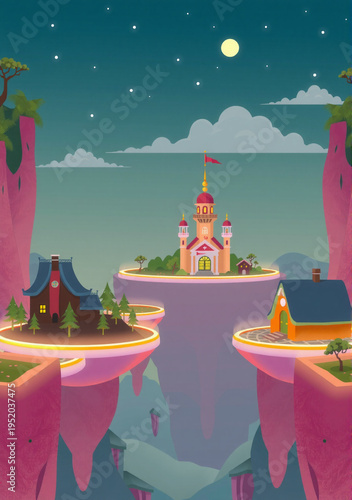 Minimalist floating village with glowing foundations in the sky