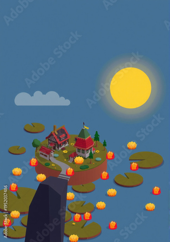 Minimalist pond village on glowing lily pads under a soft light