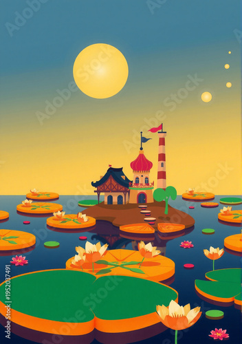 Surreal flat illustration of houses built on glowing aquatic lily pads
